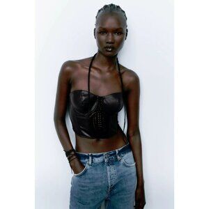 NWOT Zara black faux leather crochet-like detail corset crop top, XS